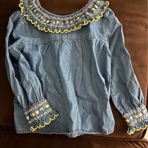 Baby Boden Long sleeve soft blue shirt with embroidered collar